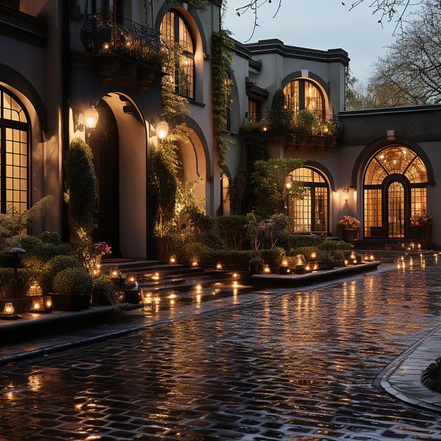Lit driveway and path at night