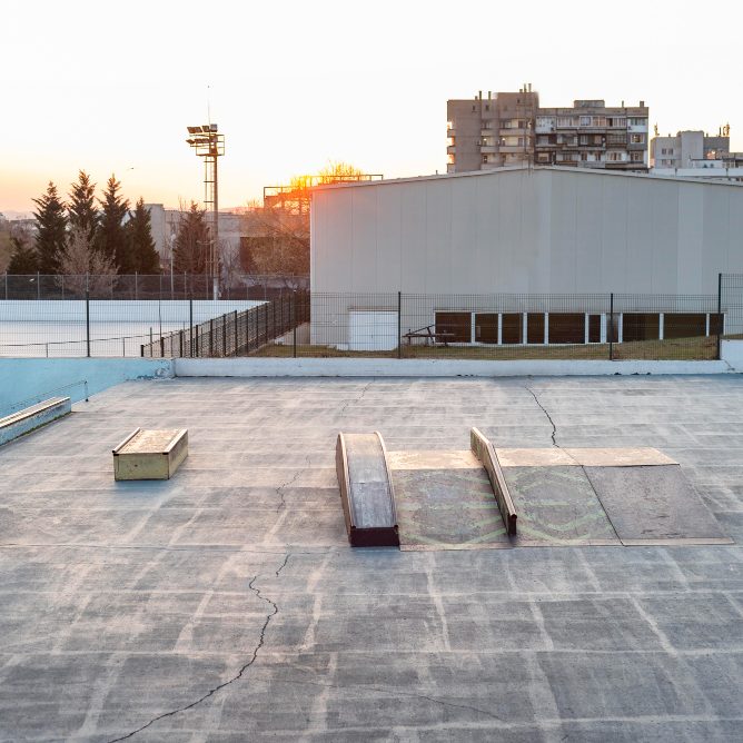 Paved courtyard at sunset