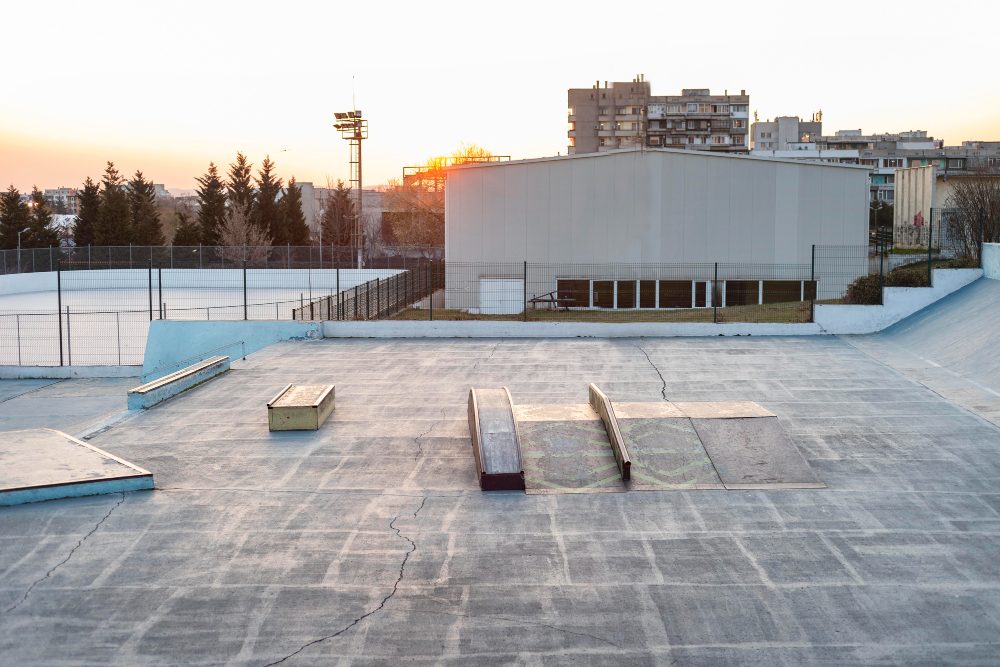 Paved courtyard at sunset