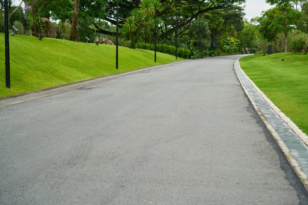 Tarmac drive with a kerb edge and grass verge